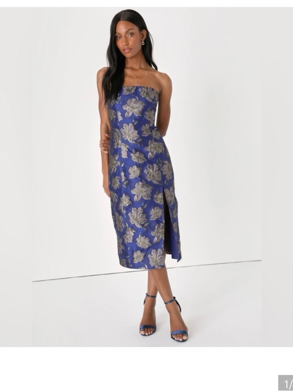 Lulu's BlueFloral Brocade Strapless Midi Dress